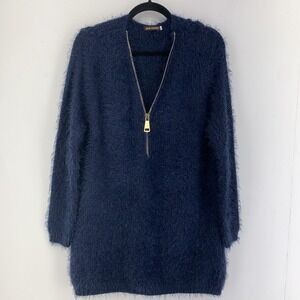 John Fashion Womens Large Shaggy Knit Tunic Sweater Fuzzy Whimsygoth Grunge Blue